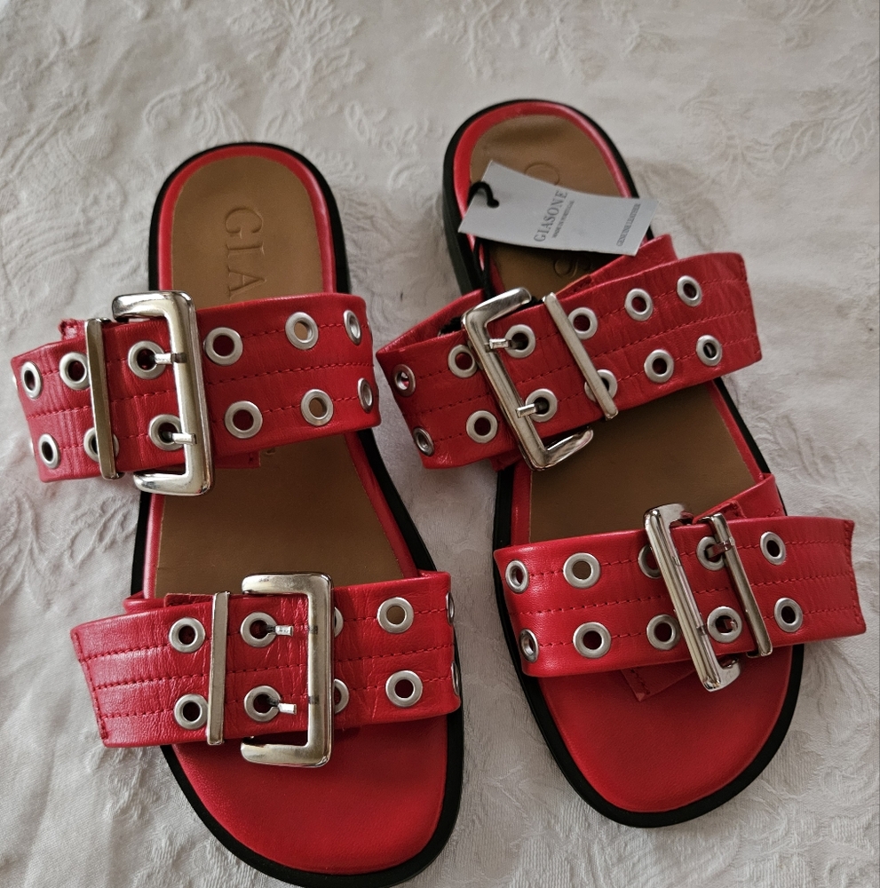 Giasone Red Buckle Leather Sandals.  Women's Size 7